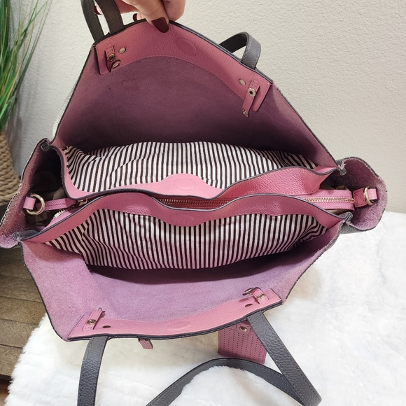 Henri Bendel The Influencer Tote Gray and Pink Leather Suede Striped Acc… - Picture 11 of 17